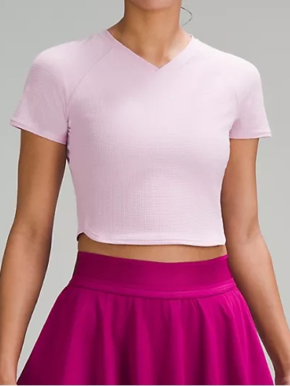 Lululemon Grid-Texture Cropped Tennis Short Sleeve in Pink Peony, NWT, Size 10